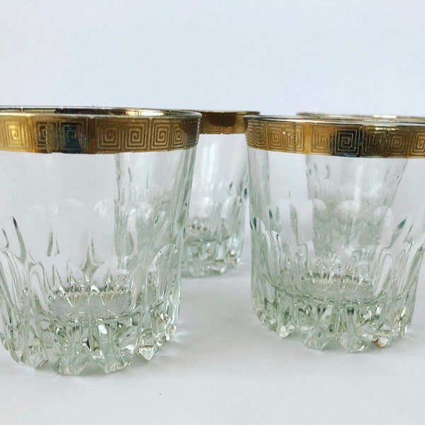 4x vintage crystal whiskey glasses, textured gold rim, slept base, classic, 70s