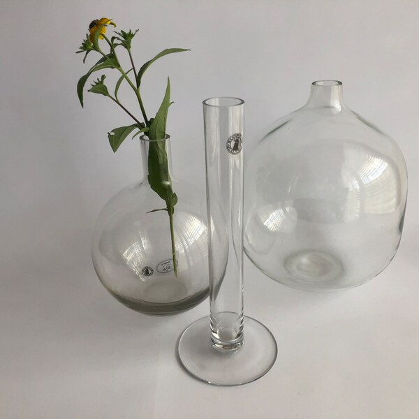 3 x Vases à fleurs vintage, Vases Set milieu du siècle, transparent, fait à la main, années 80