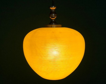 DORIA, Vintage pendant lamp, Hanging lamp, yellow, Glass with stripe motif, Mid Century, gold-colored metal, Glass, Retro pendant lamp, 70s