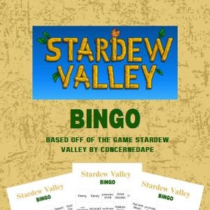 May include: Stardew Valley Bingo game with a blue and yellow logo. The game includes bingo cards with farm-themed illustrations and text. The game is based on the Stardew Valley video game.