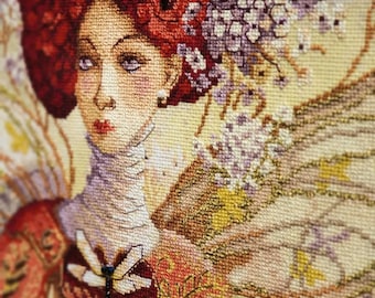 Woman counted cross stitch kit on art canvas Discreet glance / Modern Embroidery/ Needlework/ Lady art/ Unique wall art set 33x25 cm