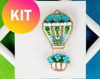 Blue Air Balloon Easy jewelry brooch kit / DIY brooch bead embroidery KIT / Accessory/ Balloon Jewellery/ blue and green brooch kit
