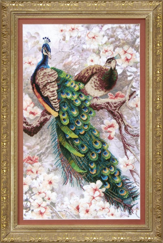 Cross stitch kit Crystal Art "Two peacocks in blooming magnolia"