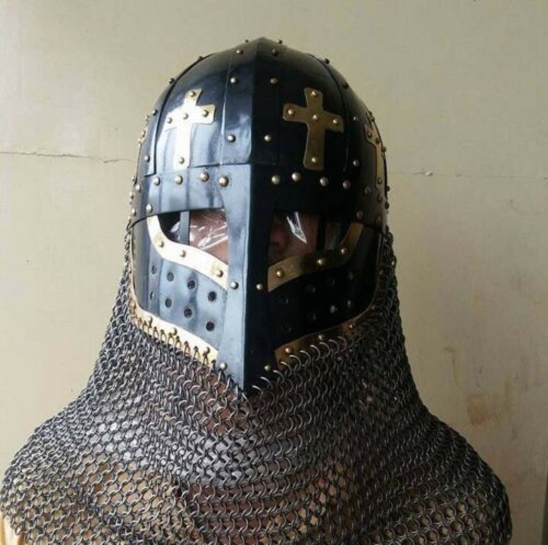 Black Battle Helmet, Spectacle Helmet With Chainmail Aventail Steel