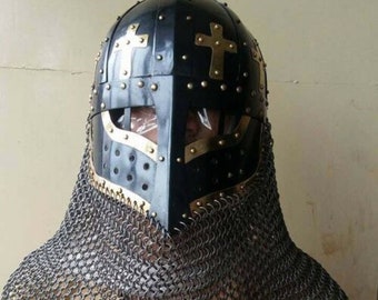 Black Battle helmet, Spectacle Helmet With Chainmail Aventail Steel Christmas Gift