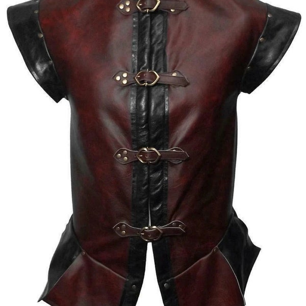 Leather Jerkin,Red & Black,Medieval Vest Large, Jacket Genuine, Leather Armor, Combat/Collection Christmas Gift