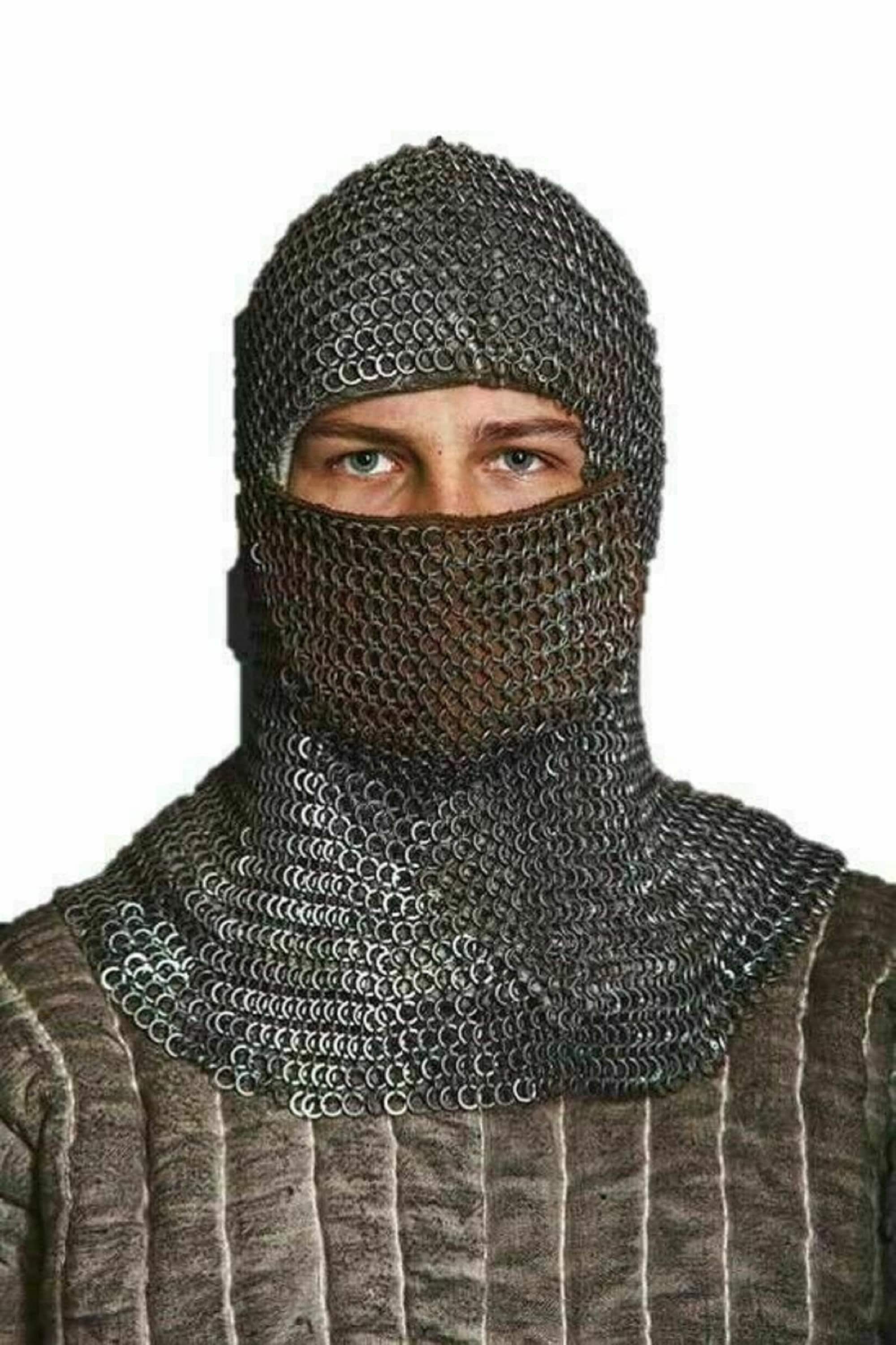 Black Chainmail Coif Butted Medieval Chain Mail Armor Riveted Knight Costume