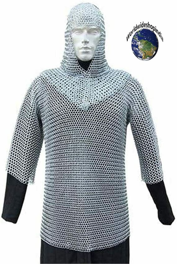 Camisa de cota de malla medieval hecha a mano con armadura Coif