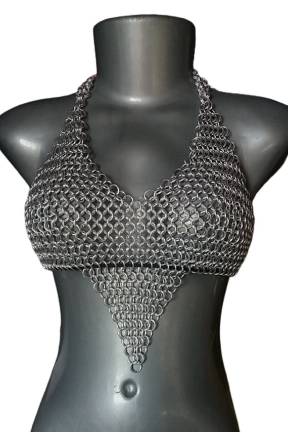 Women's Chainmail Metal Top - Halter Crop Top Bra - Costume Armor