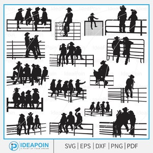 Cowboy mit Zaun SVG, Cowboy Vektor, Cowgirl mit Zaun, Cowboy SVG, Zaun SVG, Cowboys auf einem Zaun SVG, Cowgirl mit Pferden Silhouette