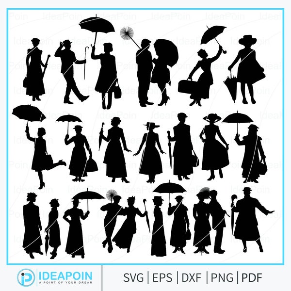 Mary Poppins svg, Mary Poppins silhouette, Mary Poppins Vector, Mary poppins umbrella, Mary Poppins clipart,  Mary Poppins Bundle