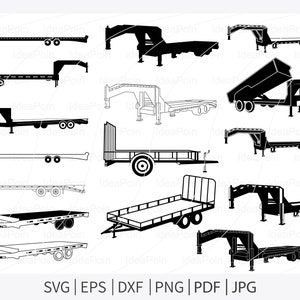Big Tex トレーラー SVG、フラットベッド トレーラー svg、フラットベッド グースネック トレーラー SVG ファイル、トレーラー パーク svg、フラットベッド グースネック トレーラー シルエット、Dxf