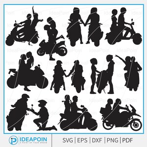 バイクカップル svg、バイクのシルエット、バイカーカップルギフト、ウェディングケーキトッパー、ダートバイクカップルベクター Svg、モトクロスラブクリップアート