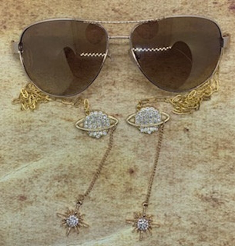 Armless Gold Aviator Chain Sunglasses wGold Paper Clip Chain Arms wCZ Saturn Charms and CZ Starburst Dangles as Anchors