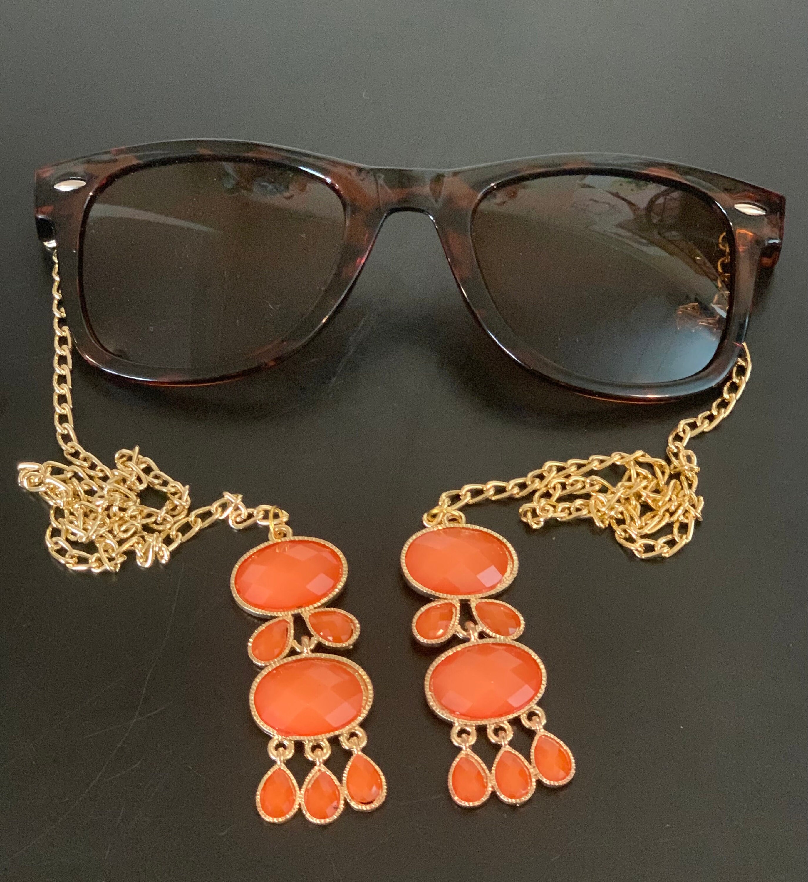 Armless Leopard Sunglasses w/ Gold Chain Arms w/ Orange Beads | Etsy