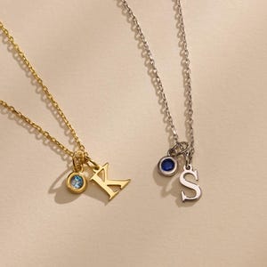 Personalized Sterling Silver Initial Birthstone Necklace: Dainty Letter Charm
