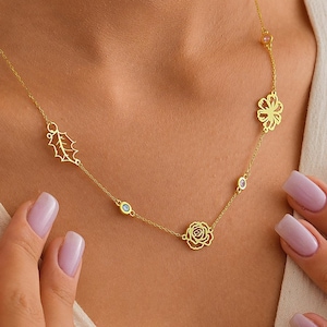 Birth flower Necklace, Valentine&#39;s Day Gifts for Her, Dainty 14K Gold Birth Flower Bouquet Necklace, Personalized Birth flower Family Gift