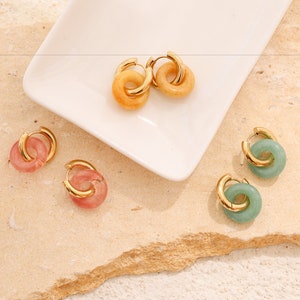 18K Gold Filled Earrings, Circle Natural Stone Earrings, Custom Hoop Earrings, Handmade Earrings, Summer Jewelry, Minimalist Cute Earrings