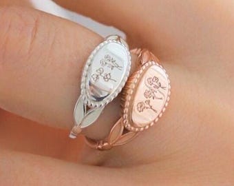 Sterling Silver Birth Flower Ring: Personalized Bouquet Ring for Mom