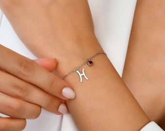Zodiac Sign Bracelet with Birth Stone, Valentine's Day Gifts, Custom Silver Bracelet, Personalized Birth Month Bracelet, Birthday Gift Her