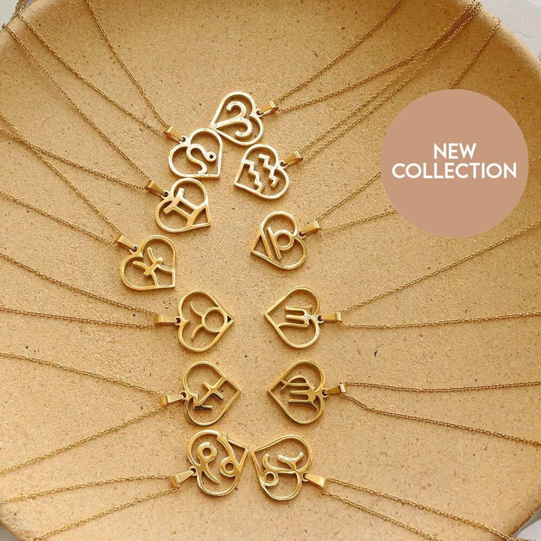 18K Gold Filled Zodiac Sign Necklace Heart Zodiac Pendant Etsy