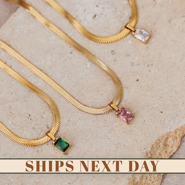 18K Gold Filled Snake Chain Necklace, Mother's Day Gift, Gemstone Necklace, Cubic Zirconia Necklace, Herringbone Necklace, Zircon Pendant
