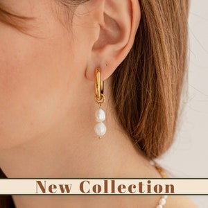 18K Gold Filled Pearl Earrings, Hoops with Pearls, Bridesmaids Gifts, Fresh Water Pearl Hoops, Gold Hoop Earrings, Double Pearl Earrings