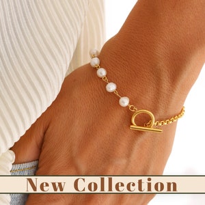 18K Gold Filled Toggle Bracelet with Pearl, Gift For Her, Clasp Bracelet, T Bar Bracelet, Summer Jewelry, Fresh Water Pearl, Dainty Bracelet