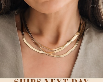 18K Gold Filled Herringbone Chain Necklace, Mother's Day Gift, Snake Chain Necklace, Layering Necklace, Waterproof Necklace, Gift For Her