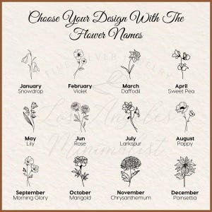 May include: A chart with black and white line drawings of flowers representing each month of the year. The flowers are labeled with their common names and the month they represent.  The chart is titled "Choose Your Design With The Flower Names".
