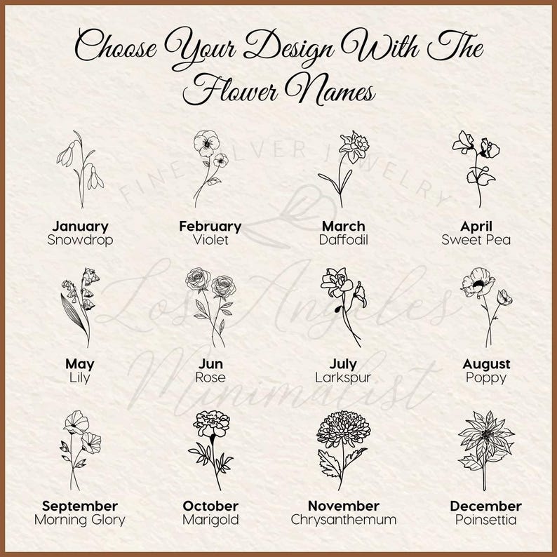 May include: A chart with black and white line drawings of flowers representing each month of the year. The flowers are labeled with their common names and the month they represent.  The chart is titled "Choose Your Design With The Flower Names".