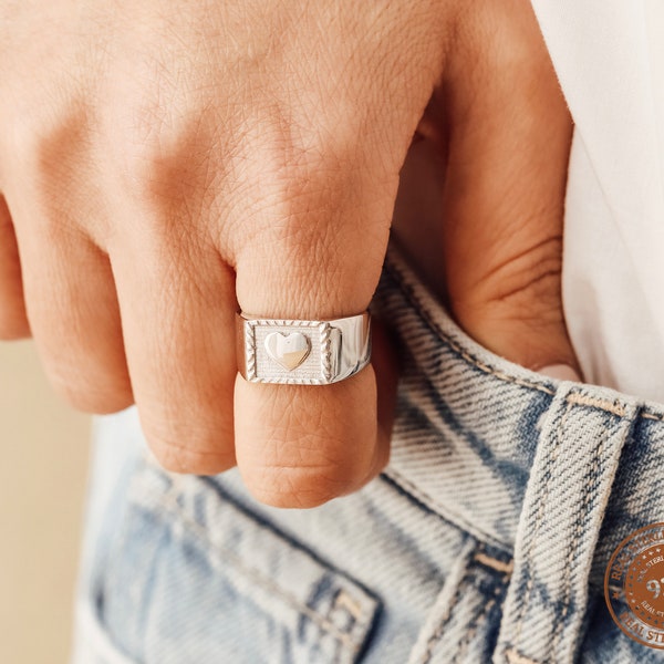 Heart Signet Ring, Embossed Ring, Gold Signet Ring, Gift For Her, Heart Jewelry, Engraved Ring, Custom Heart Ring, Silver Stackable Ring