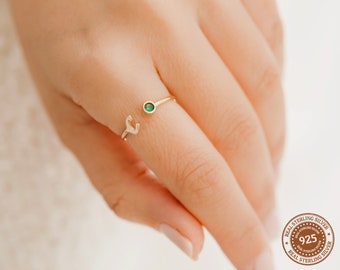 Personalized Initial Ring, Dainty Birthstone Ring, Custom Silver Jewelry, Letter Ring With Stone, Minimalist Ring, Birthstone Jewelry
