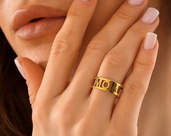 Gold Mom Ring, Custom Name Silver Ring, Mothers Day Gift, Personalized Name Ring for Mom, Adjustable Rings For Her