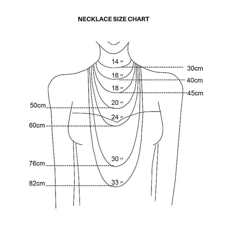 May include: Necklace size chart with measurements in inches and centimetres. The chart shows different necklace lengths on a drawing of a person's neck.