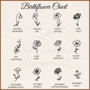 Pu&ograve; includere: Un grafico che mostra il fiore di nascita per ogni mese dell'anno. I fiori sono illustrati in bianco e nero. Gennaio: Bucaneve, Febbraio: Iris, Marzo: Narciso, Aprile: Margherita, Maggio: Biancospino, Giugno: Rosa, Luglio: Ninfea, Agosto: Papavero, Settembre: Campanella, Ottobre: Cosmos, Novembre: Crisantemo, Dicembre: Agrifoglio.