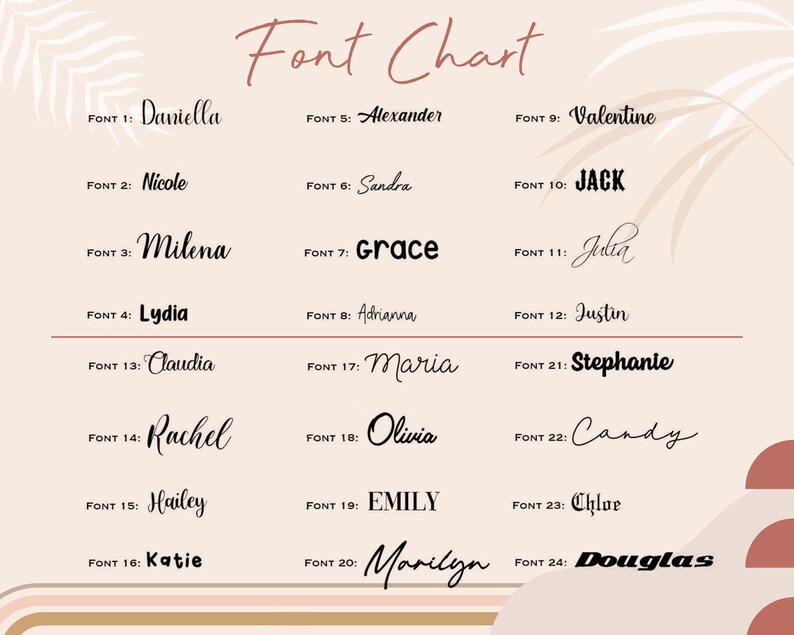 Pu&ograve; includere: Un grafico con 24 font diversi, ognuno con un nome. Il grafico ha uno sfondo rosa chiaro con un motivo di foglie marroni e bianche.