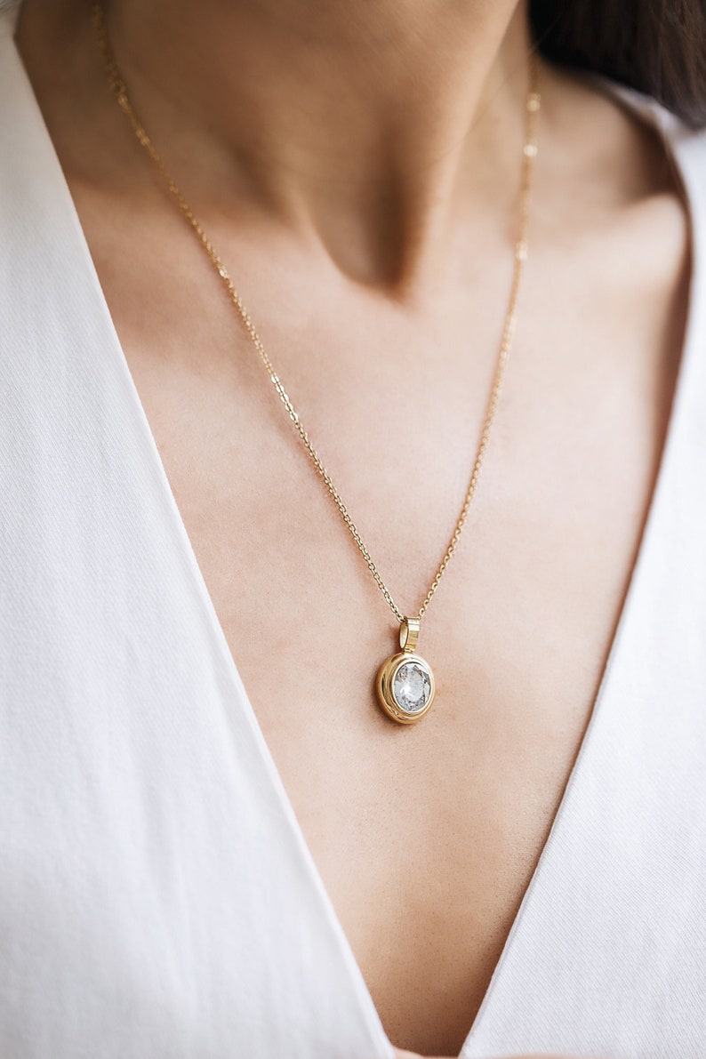 18K Gold Filled Oval Necklace, Gemstone Necklace, Zircon Jewelry, Mothers Day Gift, Vintage Necklace, Everyday Necklace, Minimalist Necklace image 2