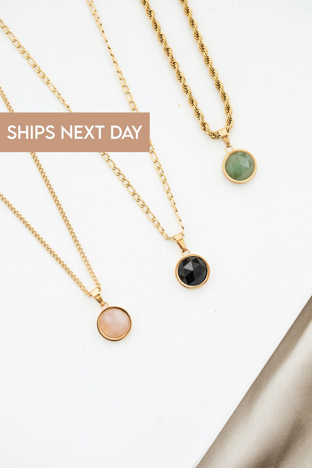 18K Gold Filled Natural Stone Necklace, Gift for Her, Round Gemstone