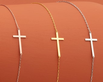 Sideways Cross Necklace, Christian Necklace, Brass Cross Necklace, Religious Necklace, Dainty Minimal Necklace, Mothers Day Gift Jewelry