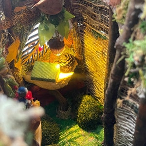 May include: A miniature diorama featuring a small green book and a pinecone resting on a shelf. The scene is illuminated by a warm yellow light, surrounded by natural elements including twigs, moss, dried leaves, and a hanging acorn-shaped ornament.