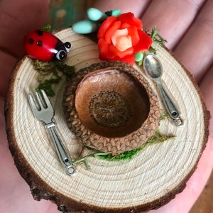 Può includere: Una scena boschiva in miniatura con una piccola ciotola di ghianda, una forchetta, un cucchiaio, una coccinella rossa e una rosa rossa su una fetta di legno.