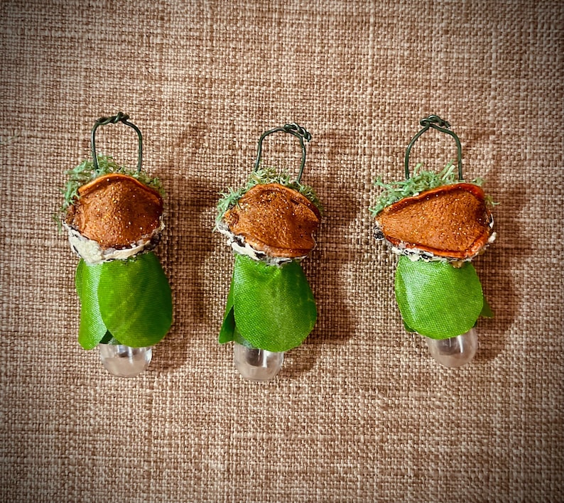 May include: Three hanging ornaments featuring a brown dried citrus slice top, a layer of green moss, a green fabric leaf skirt, and a clear glass bead base. Each ornament is suspended by a thin dark green wire loop attached to the top of the citrus.