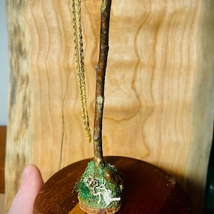 Peut inclure: Un présentoir à bijoux artisanal avec une brindille naturelle munie d'un crochet, ornée de mousse et de petits éléments décoratifs. Une chaîne dorée est suspendue au crochet. Le présentoir est posé sur une base ronde en bois foncé.
