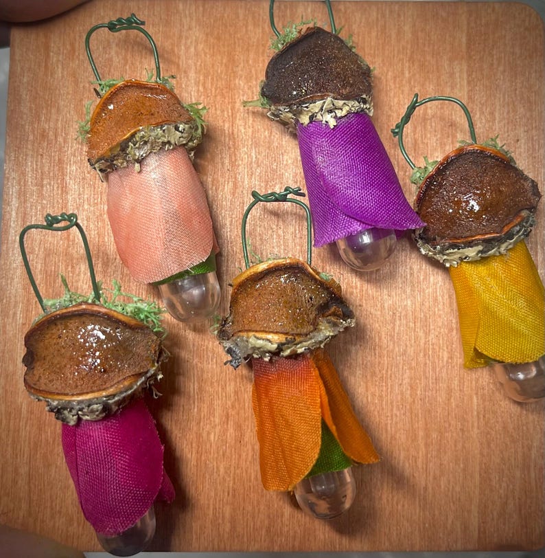 May include: Five hanging ornaments featuring brown, glossy, mushroom-shaped caps topped with green moss and wire loops. Each ornament has a fabric skirt in shades of pink, purple, yellow, magenta, or orange, covering a small, clear, rounded glass base.