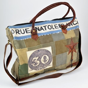 Damen Umhängetasche aus Canvas mit Fach - Schultertache aus Baumwolle  - Lässige Tasche im Retro  Style -  Robusten Canvas & Leder mit Stern