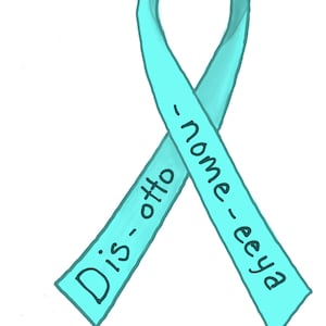 May include: A light blue ribbon with the text "Dis-otto" on one side and "nome-eeeya" on the other side.