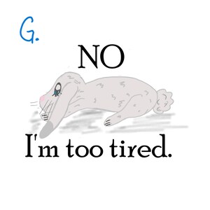 May include: A cartoon illustration of a gray rabbit lying down with the text "NO I'm too tired."
