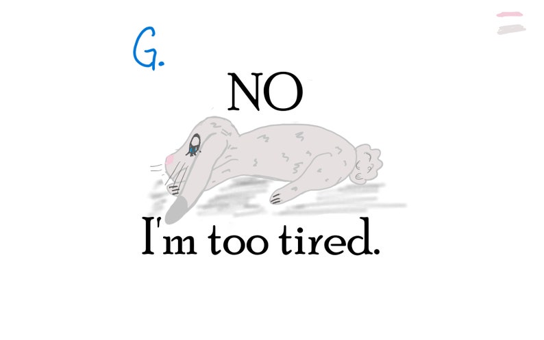May include: A cartoon illustration of a gray rabbit lying down with the text "NO I'm too tired."