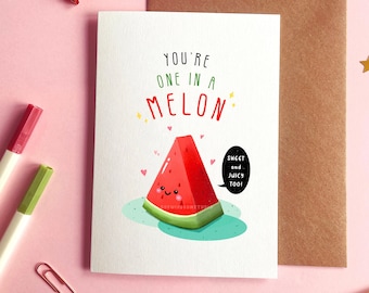 You Are One In A Melon Card | Watermelon Card, Watermelon Anniversary Card, Cute Watermelon Card For Boyfriend, Girlfriend, Food Pun Card